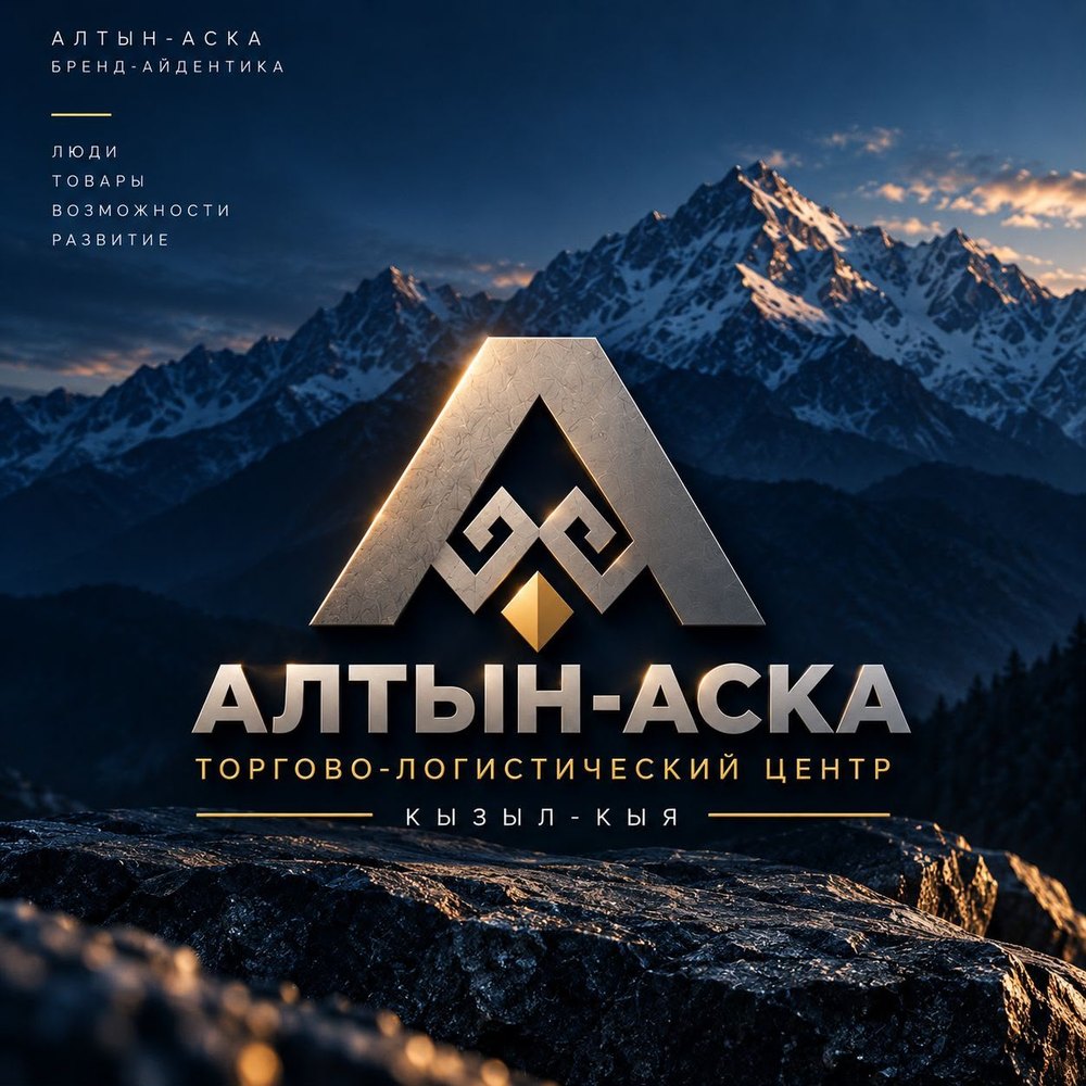 Фирменный знак Алтын-Аска на фоне гор